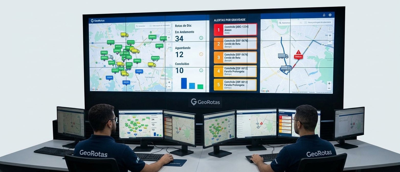 Central de operações com o GeoUrbana: painel de vídeo com o mapa de todos os caminhões, indicadores de rotas em andamento, aguardando e concluídas, a lista de alertas por gravidade e o trajeto de um caminhão com alerta; dois operadores acompanham em estações com vários monitores