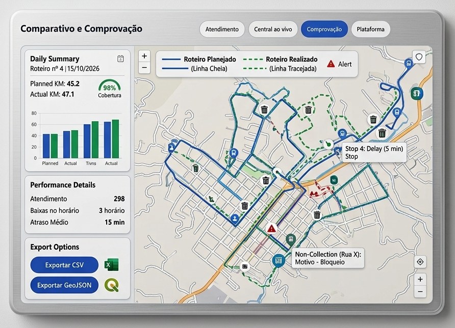 Tela Comparativo e Comprovação do GeoUrbana: resumo do dia com km planejado e rodado, 98% de cobertura e gráfico planejado × realizado, detalhes de desempenho, botões Exportar CSV e Exportar GeoJSON, e o mapa com o roteiro planejado em linha cheia, o realizado em tracejado, um atraso na parada 4 e uma rua não coletada por bloqueio
