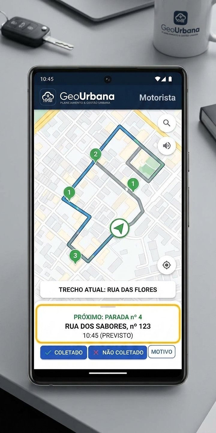 Celular com o app GeoUrbana Motorista: mapa com a rota e as paradas numeradas, a faixa Trecho atual: Rua das Flores, o cartão Próximo: parada nº 4, Rua dos Sabores nº 123, 10:45 previsto, e os botões Coletado, Não coletado e Motivo