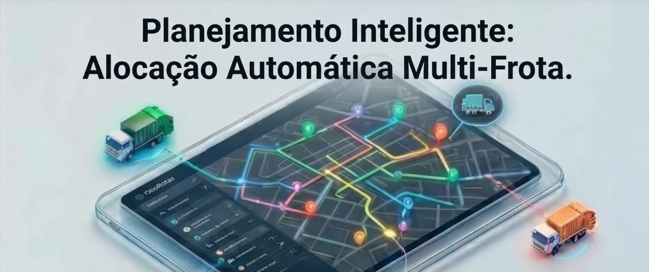 Ilustração Planejamento Inteligente: Alocação Automática Multi-Frota — tablet com o GeoUrbana mostrando o mapa da cidade com uma rota de cor diferente para cada caminhão e caminhões de coleta ao redor