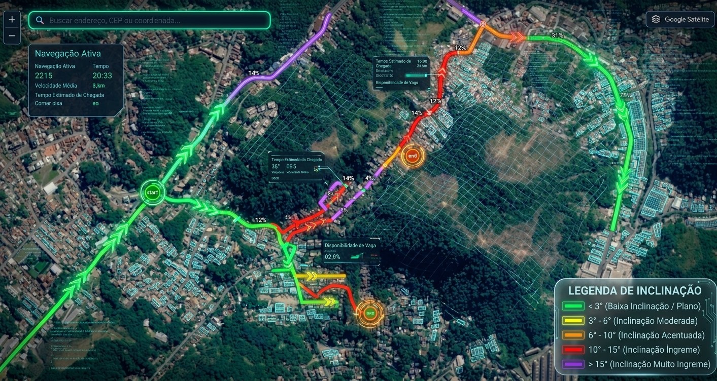 Mapa do GeoUrbana sobre imagem de satélite com a rota do início ao fim, setas indicando o sentido de circulação em cada trecho, cores pela inclinação das ruas, do plano (verde) ao muito íngreme (roxo), e a legenda de inclinação